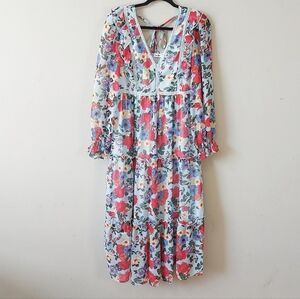 In Loom Tiered Boho Floral Cottagecore Vneck Smocked Tie Long Sleeve Midi Dress